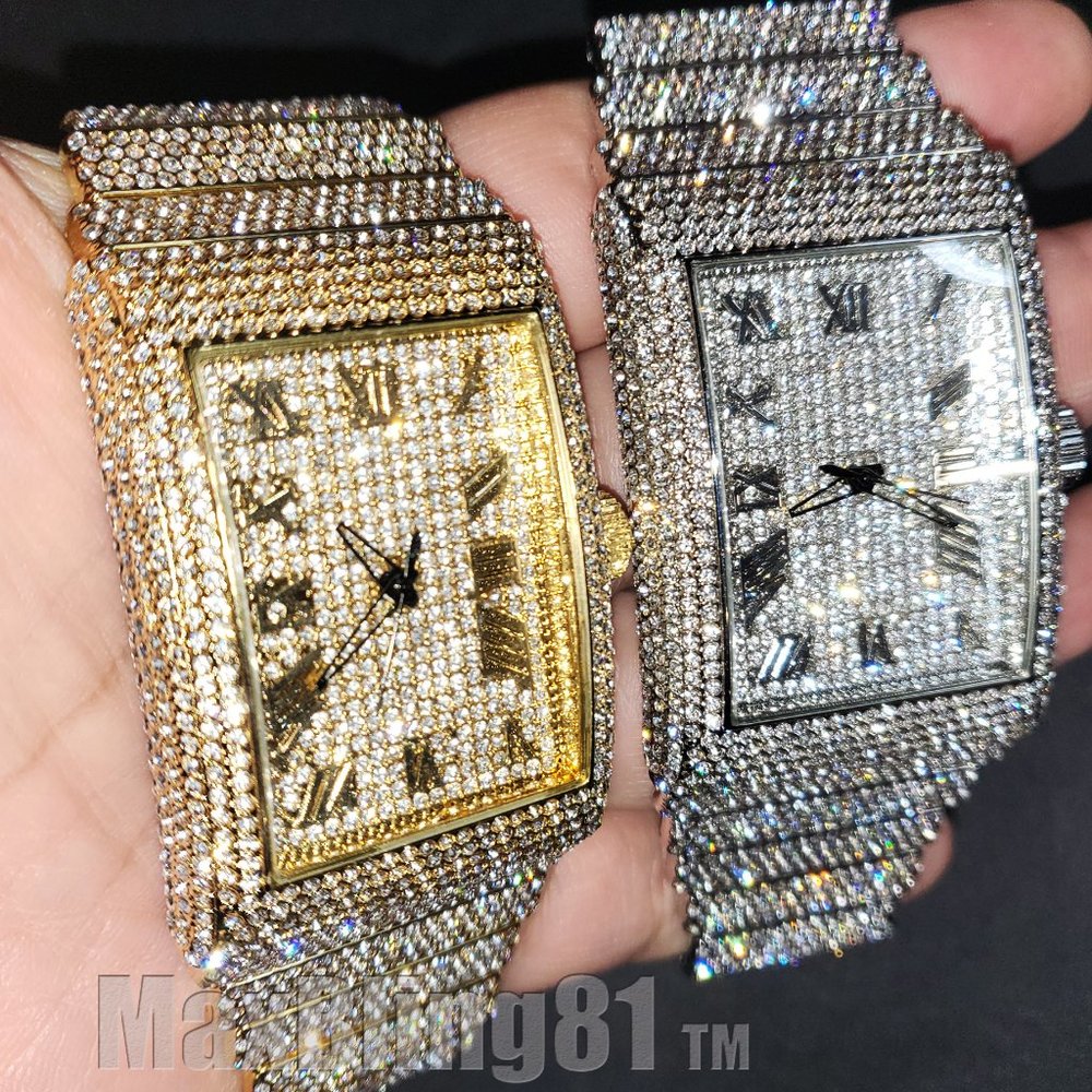Men Full Iced Band Simulated Diamond Gold Silver Finish Hip Hop Metal Icy Watch